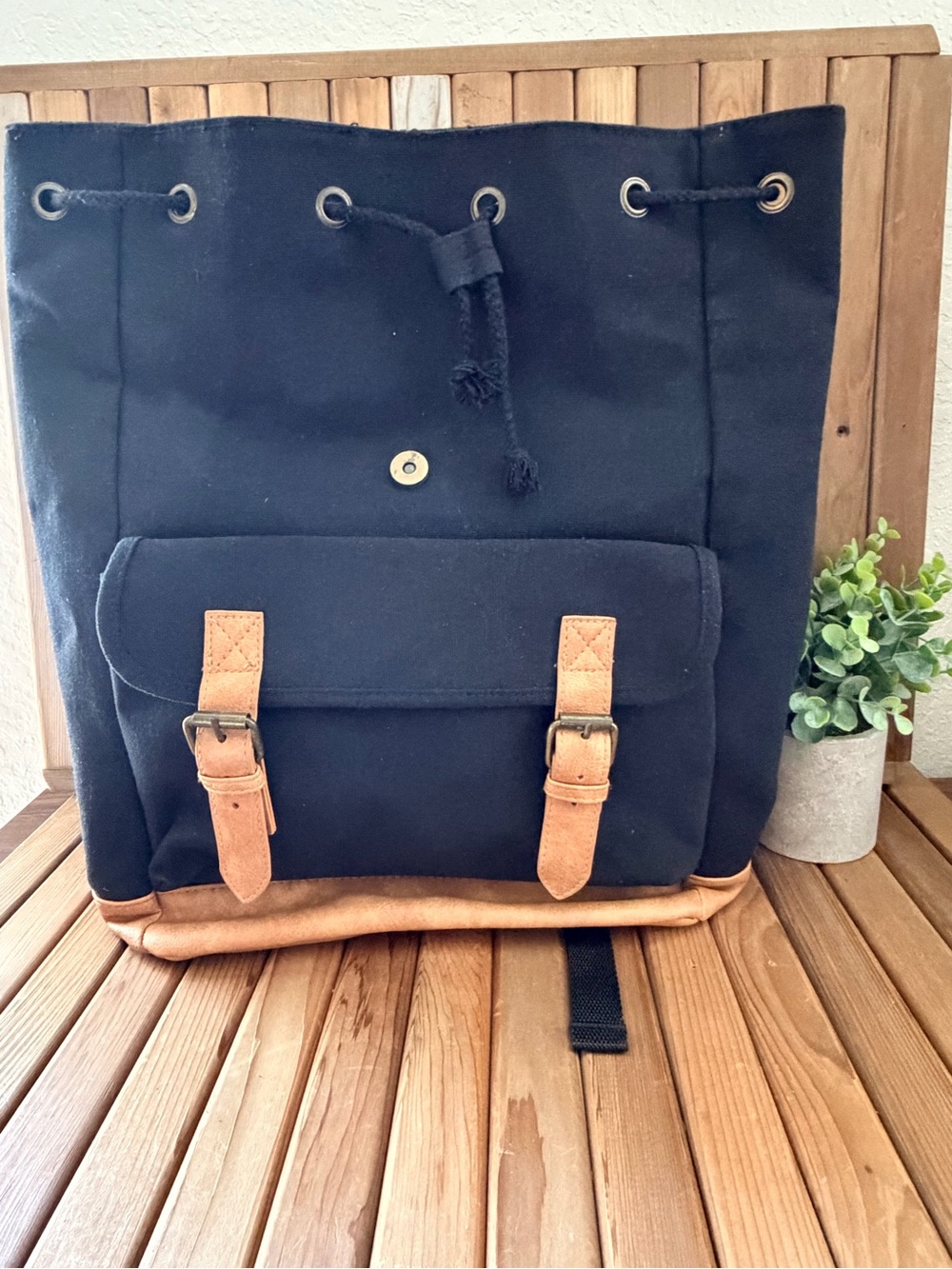 Black XL Canvas Backpack w/Camel Faux Leather Trim Minimalist, School Travel Bag - Picture 8 of 11